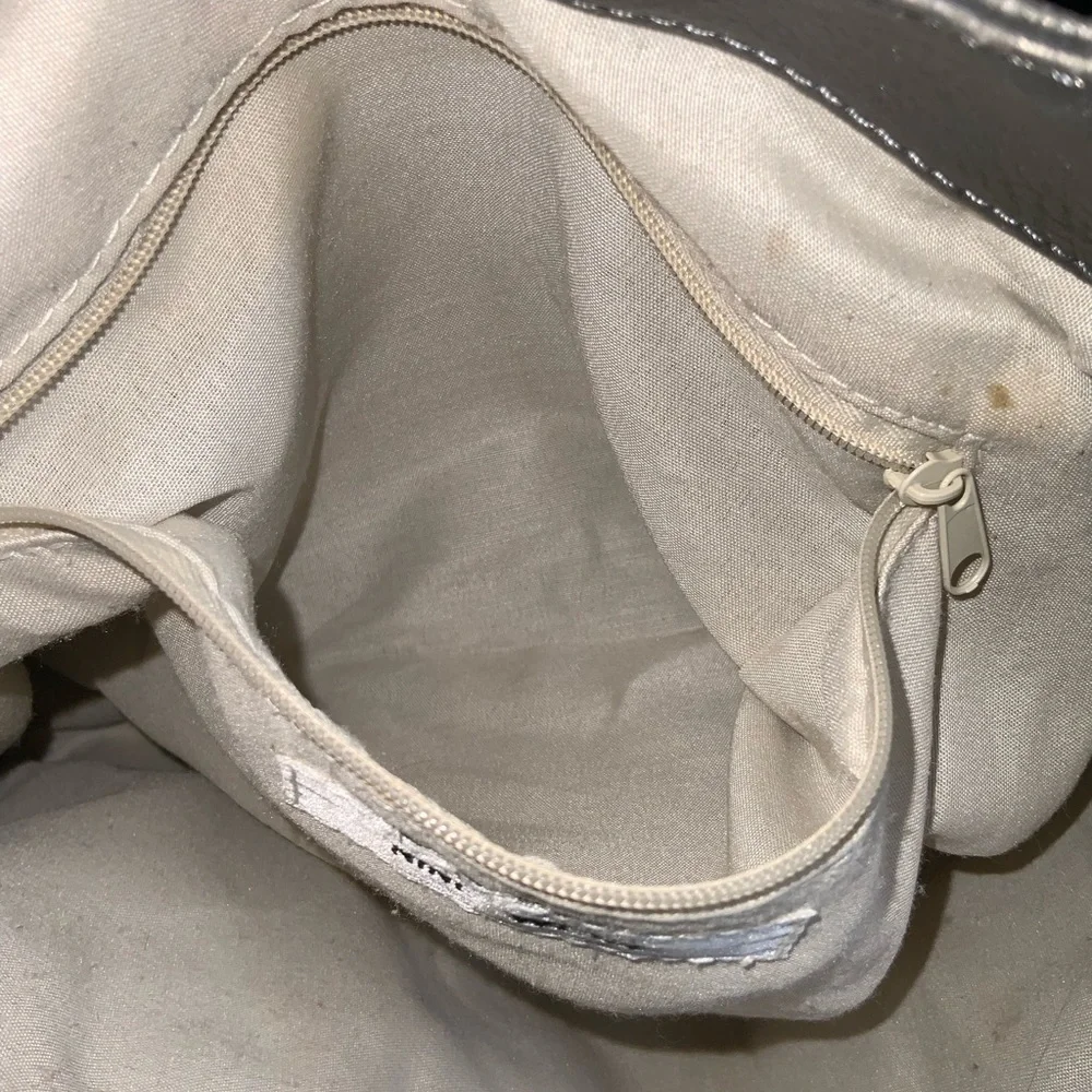 Nine West Platinum Slouch Satchel Purse Buckle Accents Medium Great Condition